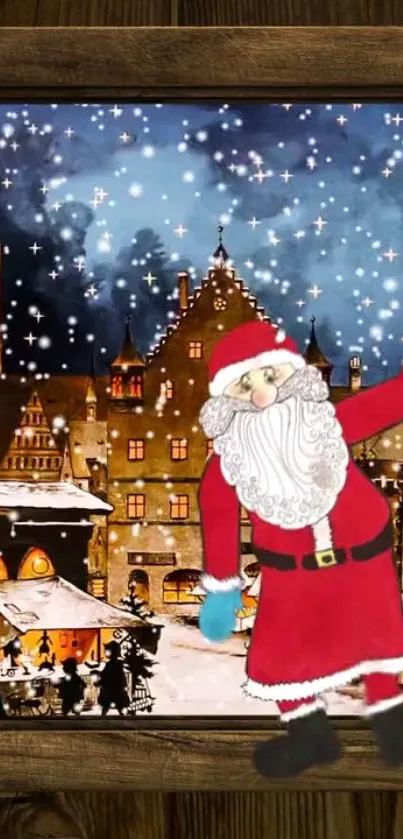 Santa in a festive snowy town scene, perfect for Christmas wallpaper.