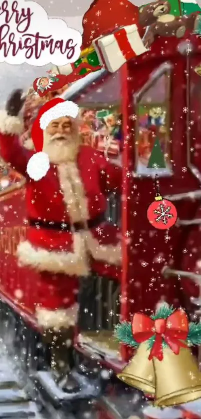 Santa Claus on a Christmas train with festive decorations.