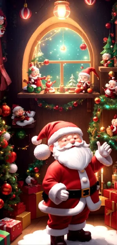 Santa Claus in festive Christmas room with decorations and gifts.