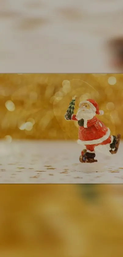 Santa Claus figurine with golden holiday background wallpaper.