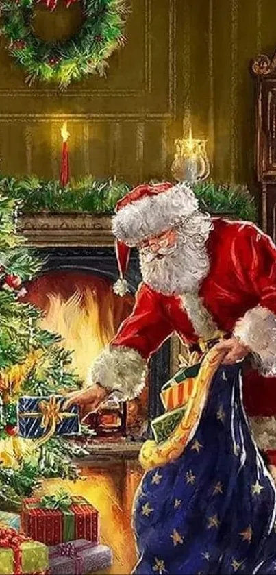 Santa Claus places gifts by a Christmas tree in front of a cozy fireplace.