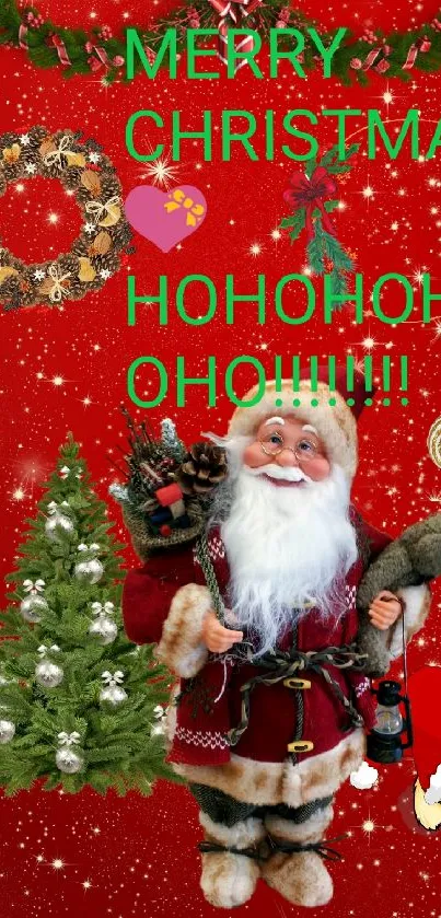 Jolly Santa Claus on vibrant red Christmas wallpaper.