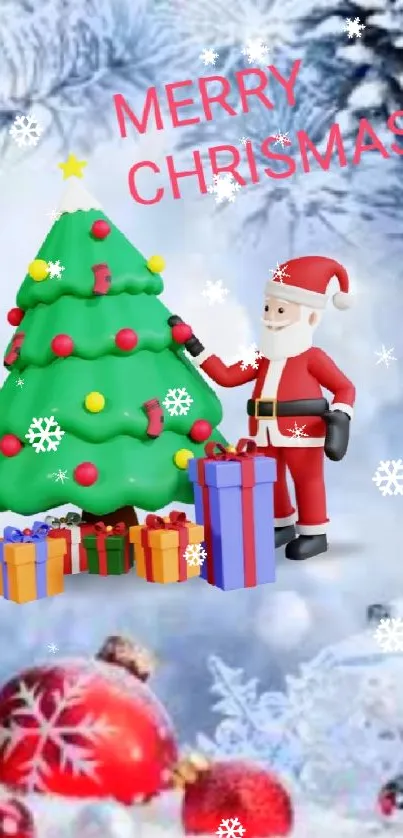 Festive Santa with gifts and Christmas tree in snowy scene.