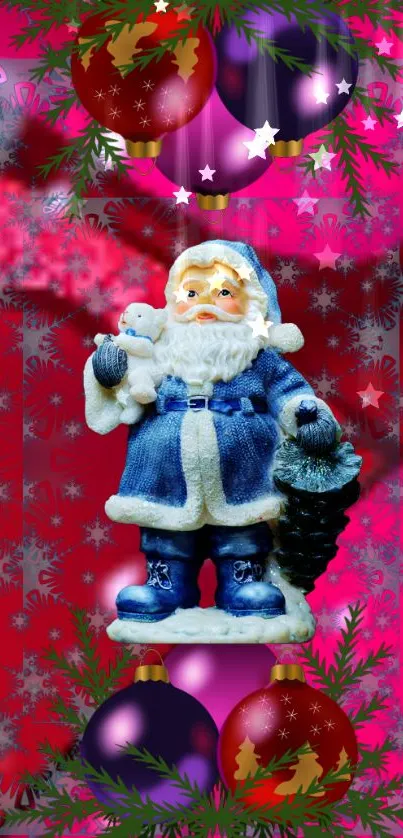 Santa Claus in blue on red festive background.