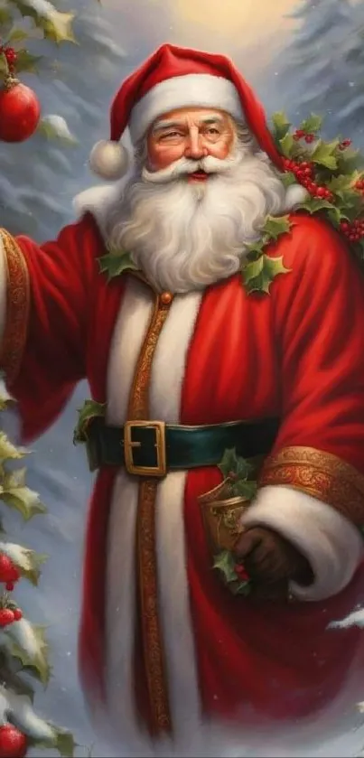 Santa Claus in a snowy, festive setting mobile wallpaper.