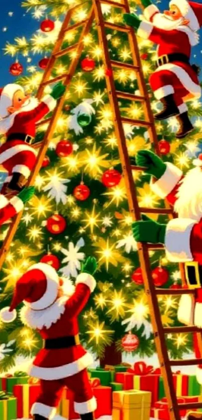 Santa and elves decorating a Christmas tree with gifts underneath.