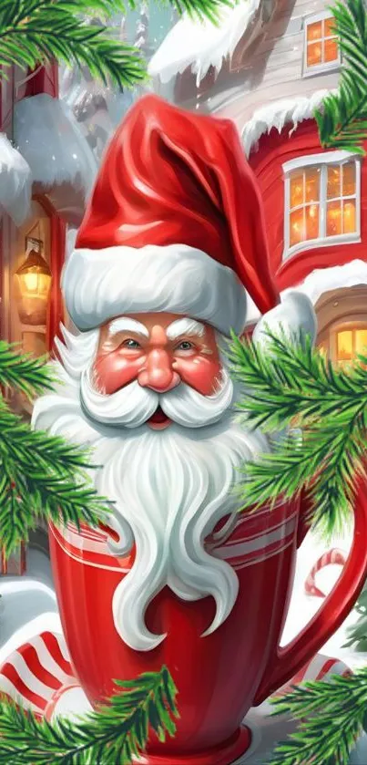 Festive Santa in a red cup amidst snowy Christmas scene with green pine branches.