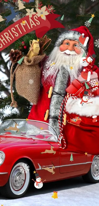 Santa with gifts by a classic red car, Christmas wallpaper.