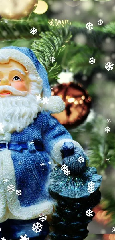 Blue Santa Claus with Christmas tree ornaments and lights.