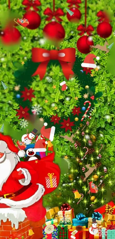 Festive Santa Claus with Christmas gifts and decorations on a green background.