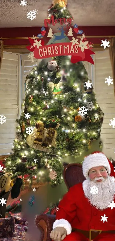 Santa Claus by a Christmas tree with snowflakes, perfect festive mobile wallpaper.