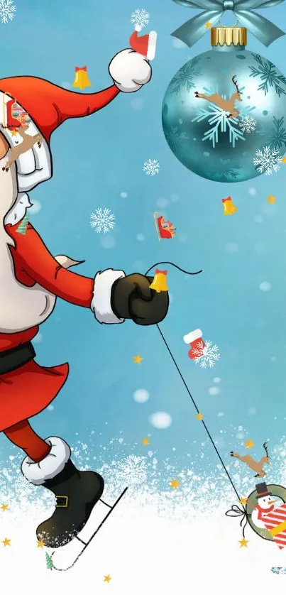 Santa skating with snowman and gifts in a festive Christmas scene.