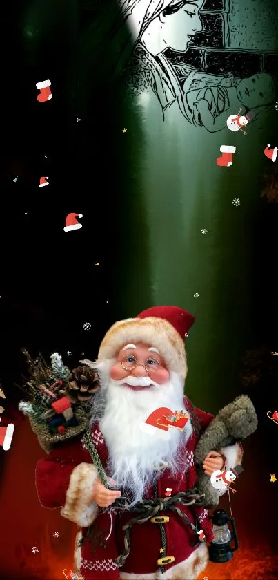 Santa Claus with gifts in festive Christmas wallpaper.