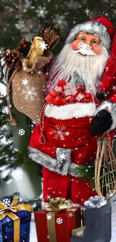 Santa Claus holds gifts in a snowy background with Christmas decorations.