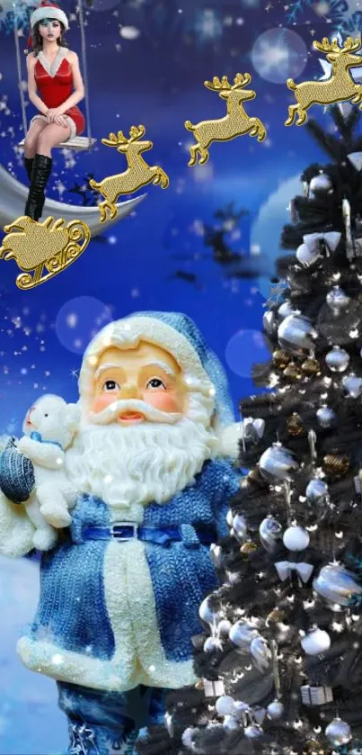 Blue Christmas wallpaper with Santa and snowy night scene.