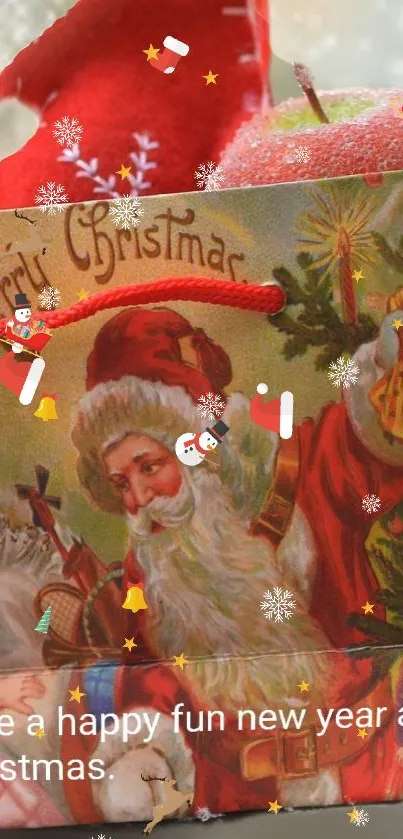 Vintage Santa Christmas wallpaper with festive red tones.