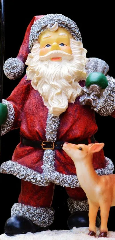 Santa Claus in red suit with reindeer on festive mobile wallpaper.