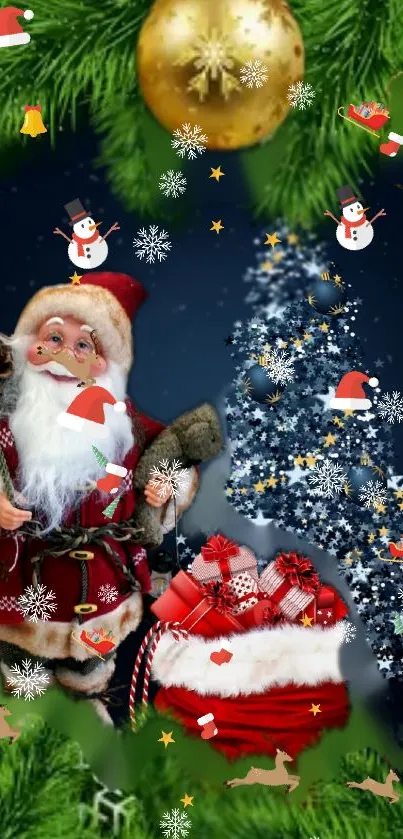 Santa Christmas wallpaper with gifts and snowflakes.