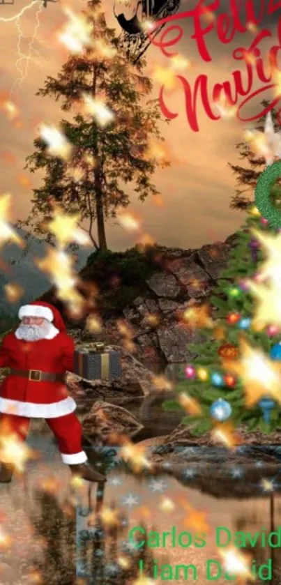 Santa delivering gifts in a scenic Christmas landscape with decorations.