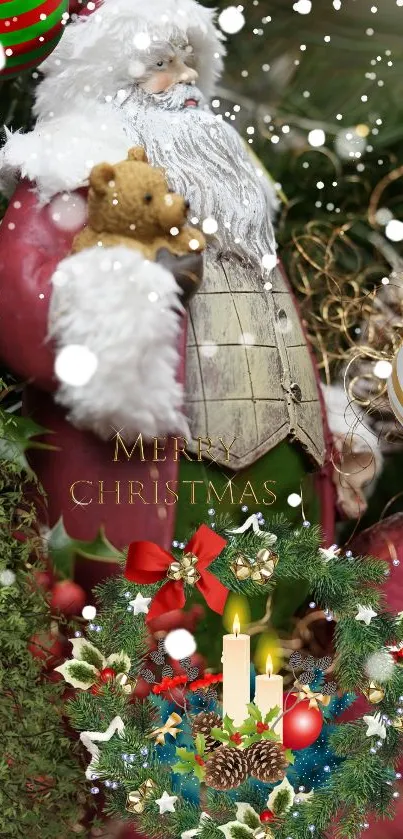 Festive Santa Claus and greenery Christmas wallpaper.