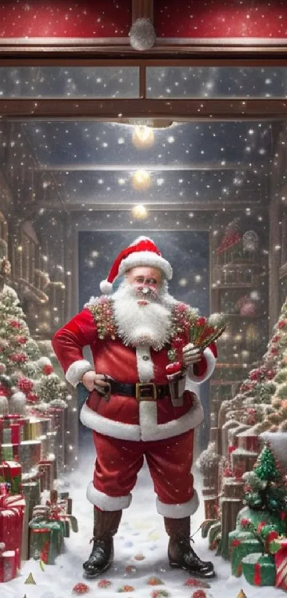 Santa standing in a festive scene with gifts and Christmas trees.