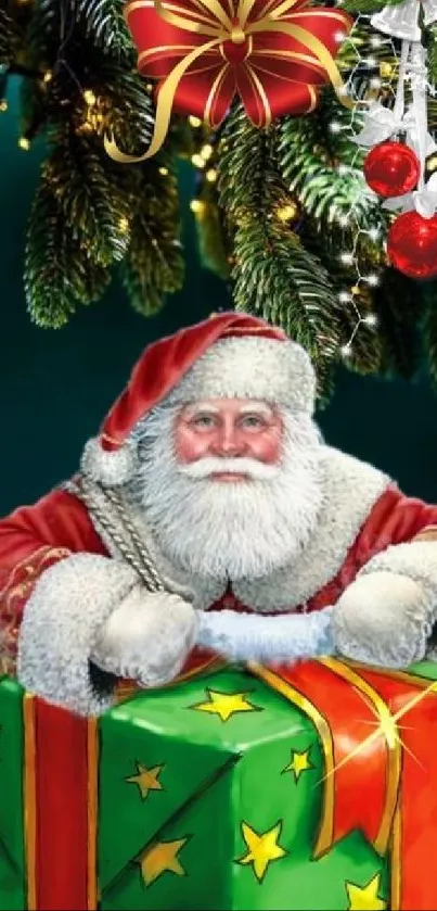 Santa Claus with gift and Christmas decorations wallpaper.