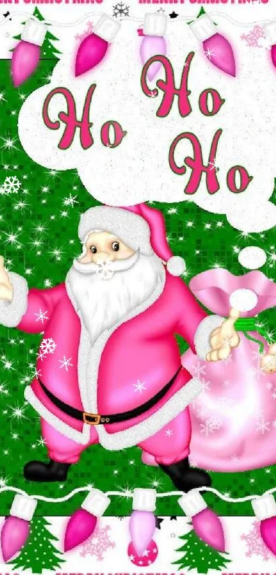 Santa in pink suit with 'Ho Ho Ho' Christmas elements.