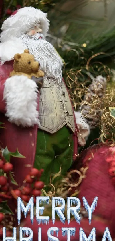 Santa Claus with Christmas ornaments and festive decorations.