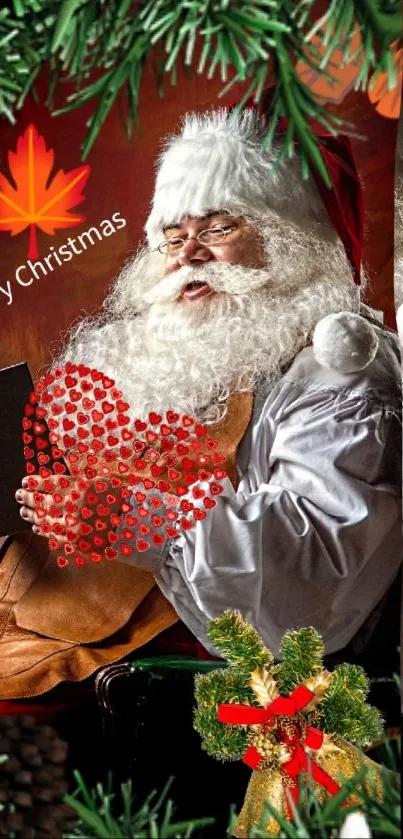 Santa Claus with festive Christmas decorations on a mobile wallpaper.