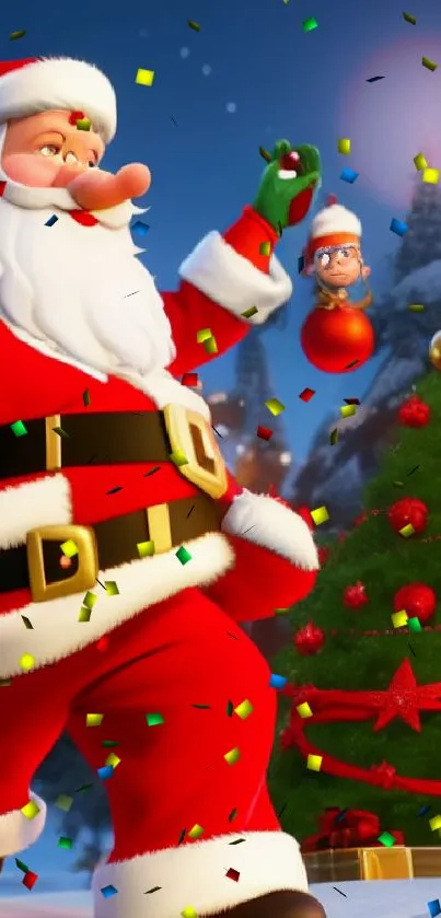 Festive Santa with gifts and Christmas tree in a winter scene.