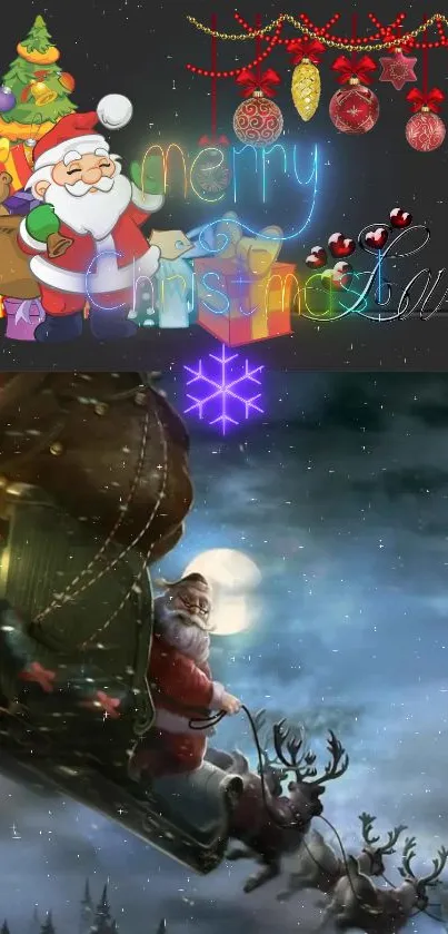 Festive Santa Claus sleigh Christmas wallpaper with vibrant decorations.