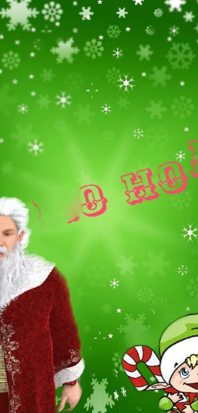 Festive Santa and elf Christmas wallpaper with green snowflake background.