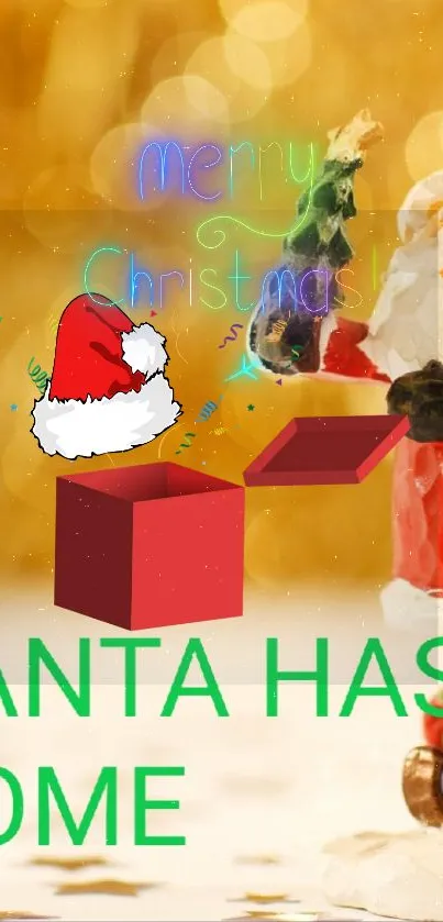 Festive Santa in red suit with gift against golden background.
