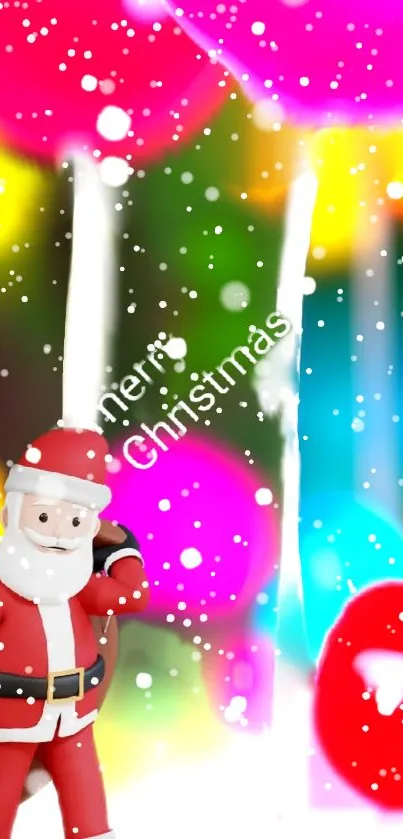 Festive Santa Claus with colorful holiday lights and snow.