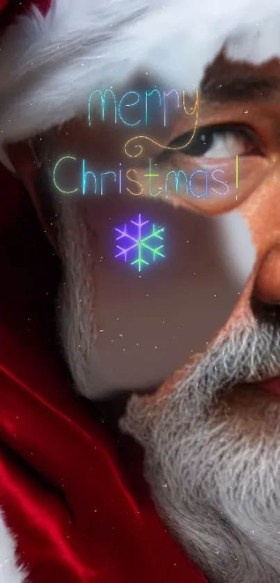Santa Christmas wallpaper with Merry Christmas text and snowflake.