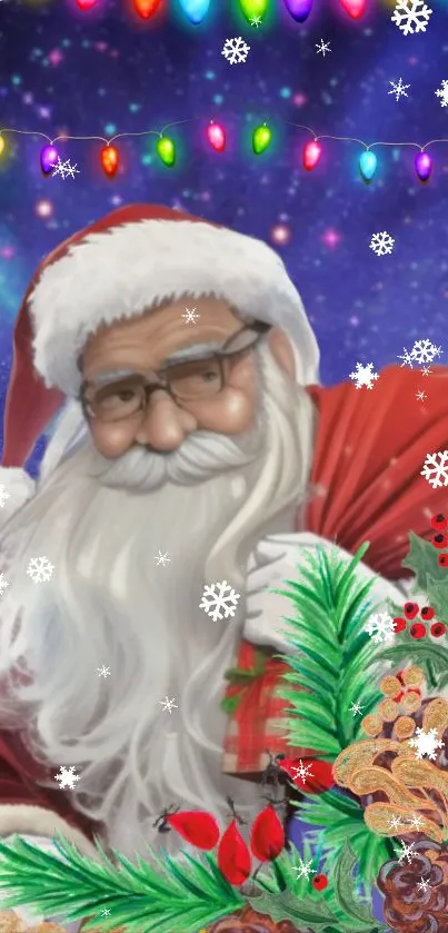 Jolly Santa Claus with Christmas lights and snowflakes in vibrant colors.