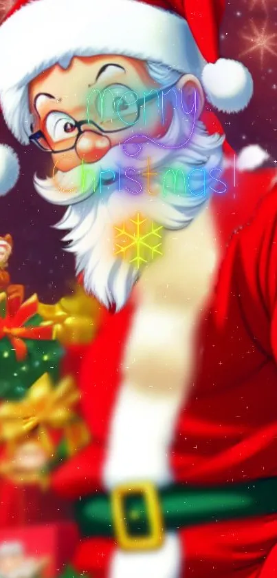 Jolly Santa with gifts and stars in a festive Christmas wallpaper.