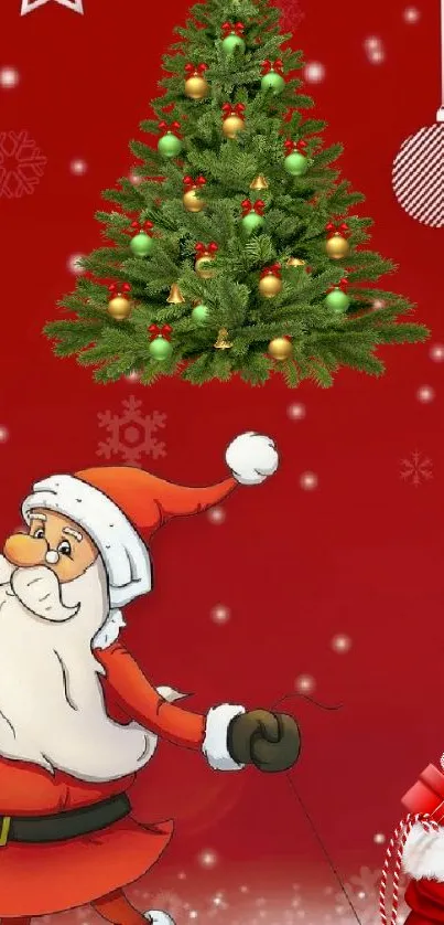 Santa and Christmas tree on red background wallpaper.