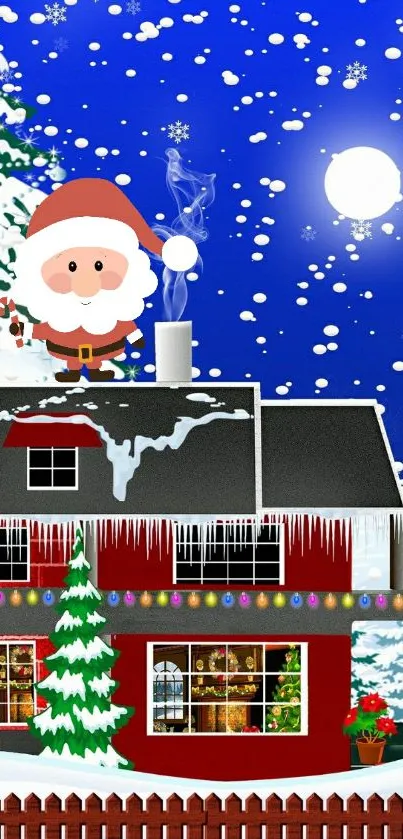 Festive Christmas wallpaper with Santa and snowy rooftop.