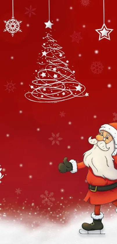 Festive Santa wallpaper with Christmas tree and red background.