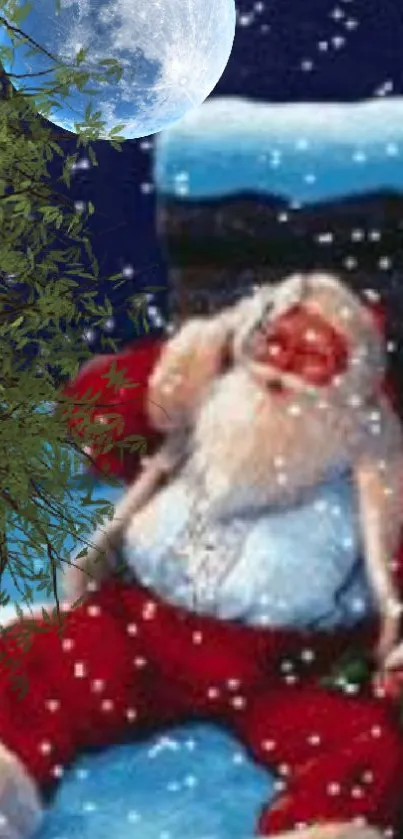 Santa Claus sitting in snow with a moonlit night background.