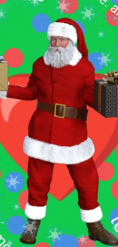 Santa Claus with gifts on festive green background.