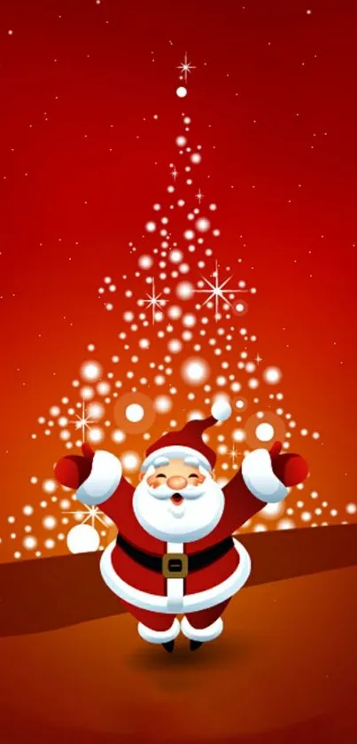 Santa Claus with glowing Christmas tree on red background.