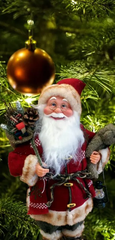 Santa Claus figurine on green tree background, festive decoration.