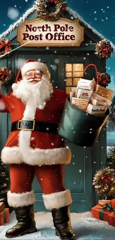 Santa Claus at North Pole Post Office with gifts and snow.