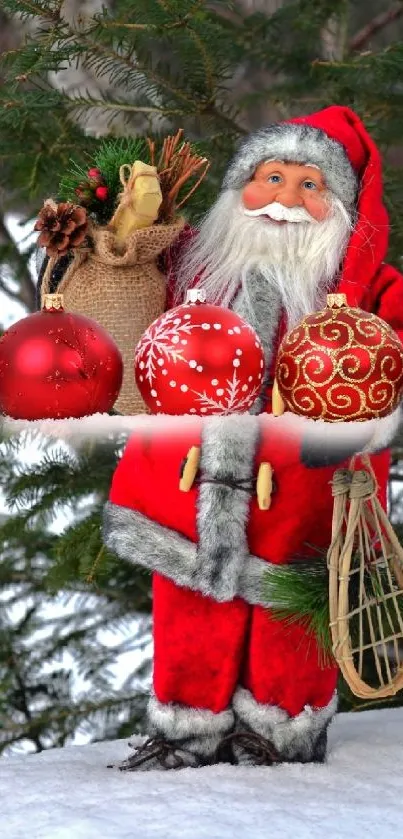 Santa Claus with holiday ornaments under snowy trees.