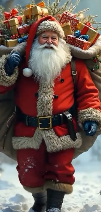 Santa Claus with a sack of gifts in a snowy forest.