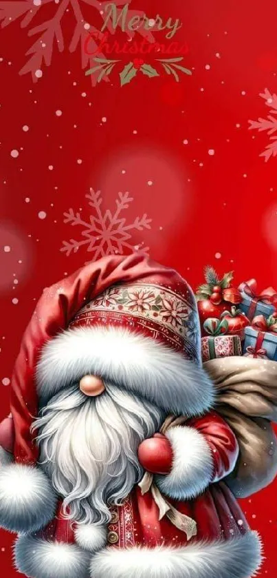 Colorful Santa Claus wallpaper with a red background and snowflakes.