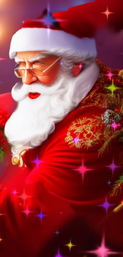 Vibrant Santa Claus in red suit, glowing festive lights.