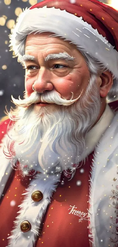 Cheerful Santa Claus in red suit with winter snowflakes.